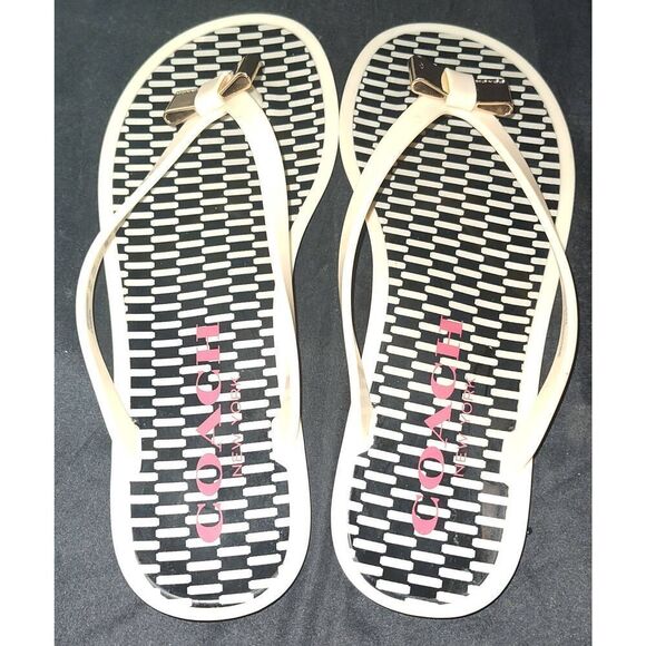 Coach New York "Landon" Gold Bow Beige Flip Flops Size 8B - Picture 3 of 5
